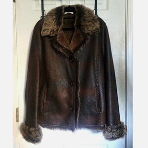 Vintage Real Sheepskin Shearling Brown Leather Coat Women L Jacket Turkey Fur